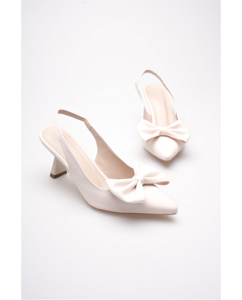 Bej Fiyonklu Kitten Topuklu Slingback Kadın Ayakkabı TR08MS24B