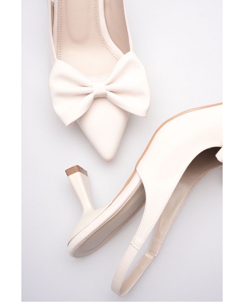 Bej Fiyonklu Kitten Topuklu Slingback Kadın Ayakkabı TR08MS24B