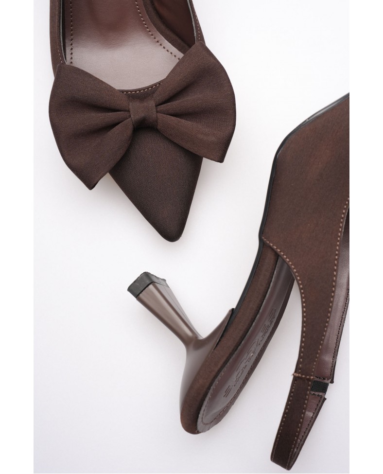 Acı Kahve Fiyonklu Kitten Topuklu Slingback Kadın Ayakkabı TR08MS24C
