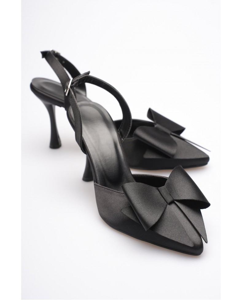Kadın Siyah Fiyonklu Saten Slingback Topuklu Ayakkabı TR40MS01A