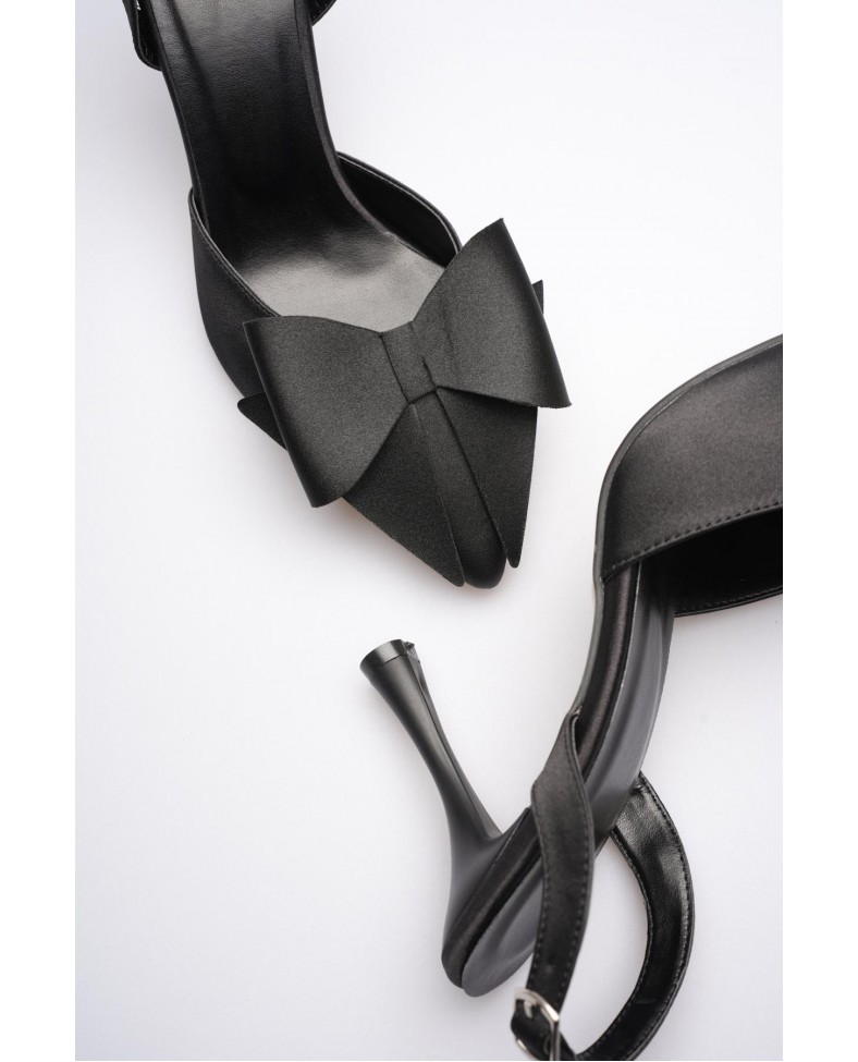 Kadın Siyah Fiyonklu Saten Slingback Topuklu Ayakkabı TR40MS01A
