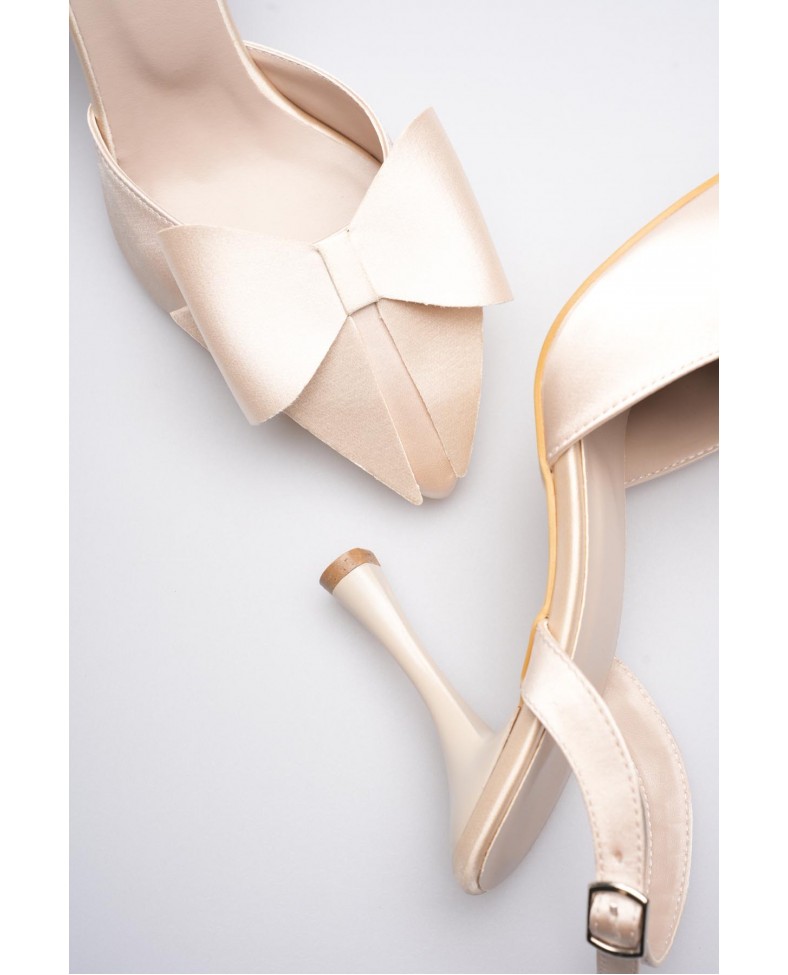 Kadın Bej Fiyonklu Saten Slingback Topuklu Ayakkabı TR40MS01B