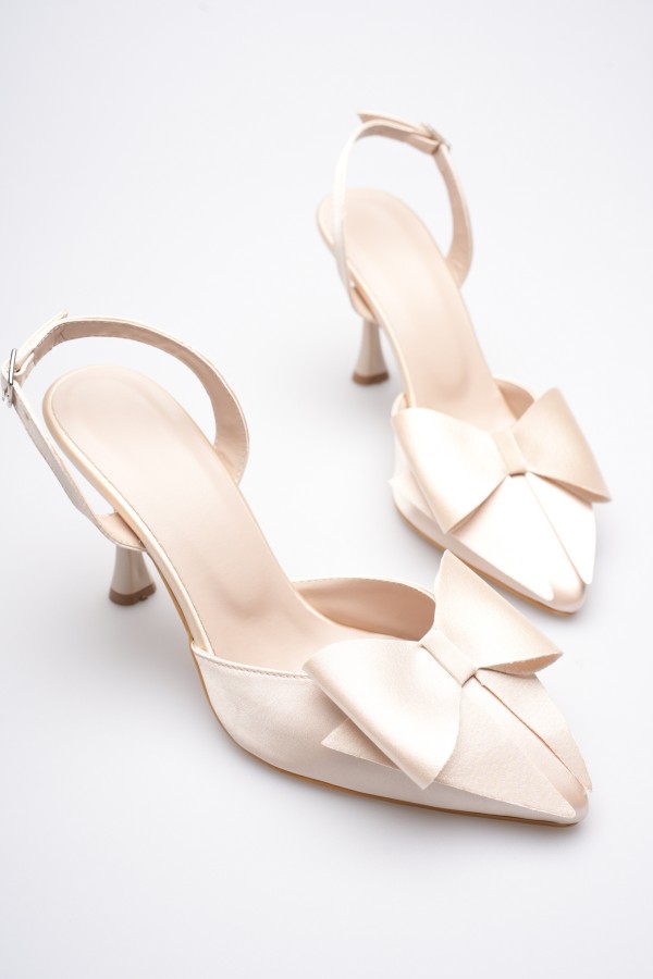 Kadın Bej Fiyonklu Saten Slingback Topuklu Ayakkabı TR40MS01B