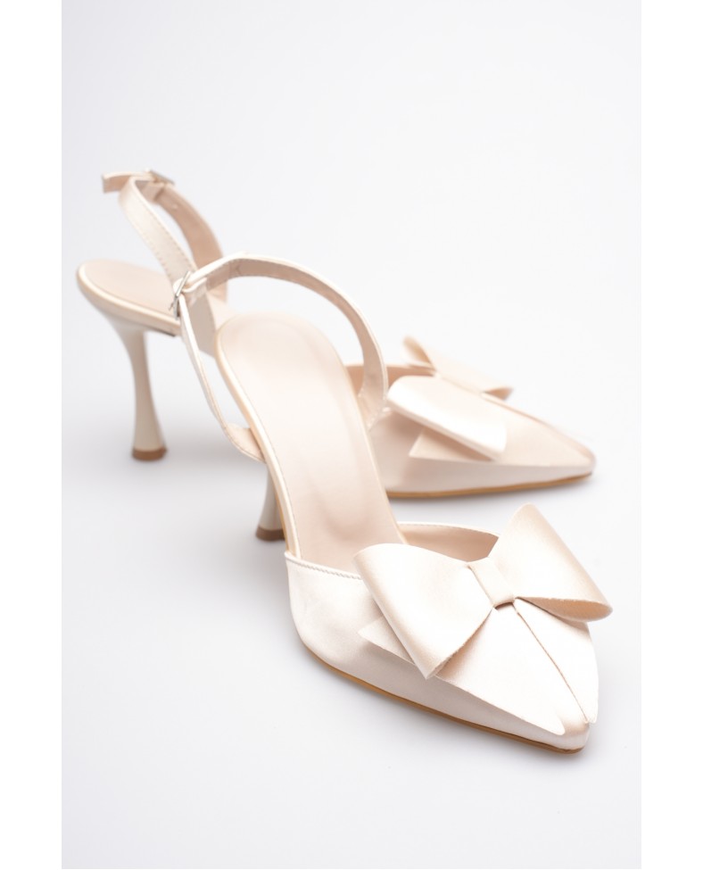 Kadın Bej Fiyonklu Saten Slingback Topuklu Ayakkabı TR40MS01B