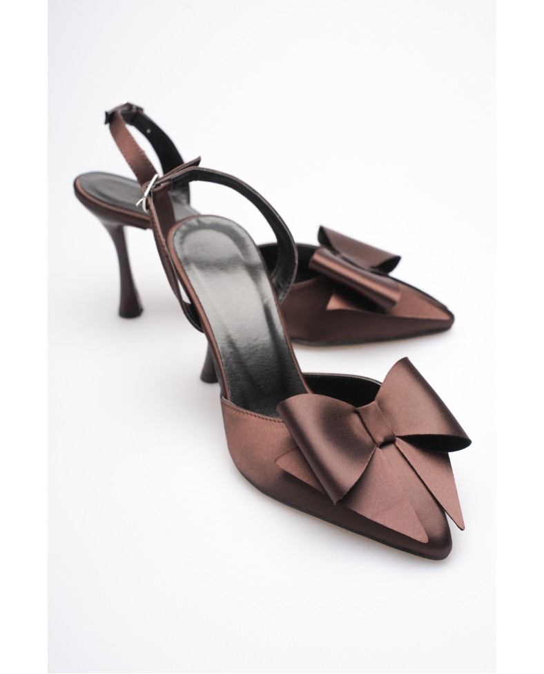 Kadın Acı Kahve Fiyonklu Saten Slingback Topuklu Ayakkabı TR40MS01C