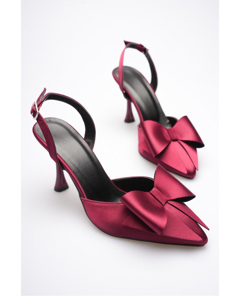 Kadın Bordo Fiyonklu Saten Slingback Topuklu Ayakkabı TR40MS01D