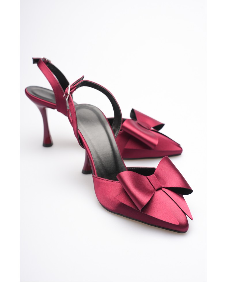 Kadın Bordo Fiyonklu Saten Slingback Topuklu Ayakkabı TR40MS01D