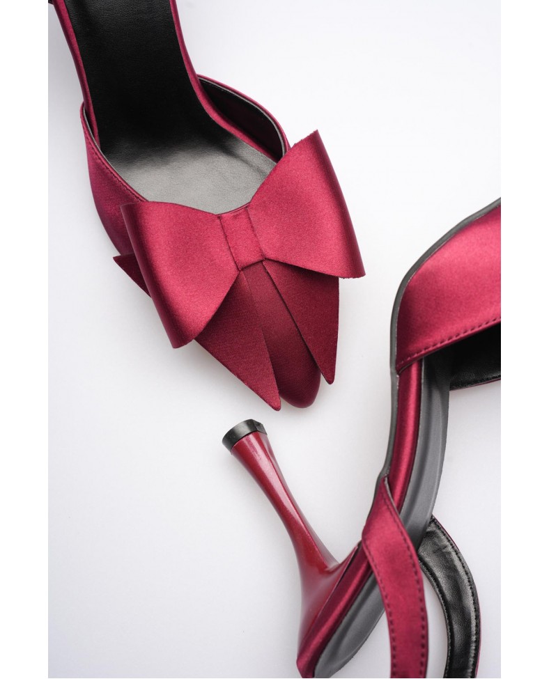 Kadın Bordo Fiyonklu Saten Slingback Topuklu Ayakkabı TR40MS01D