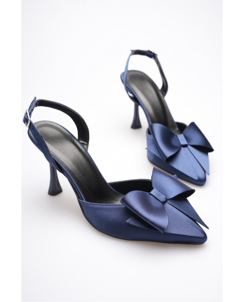 Kadın Lacivert Fiyonklu Saten Slingback Topuklu Ayakkabı TR40MS01E