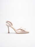 Kadın Bej Fiyonklu Saten Slingback Topuklu Ayakkabı TR40MS01B