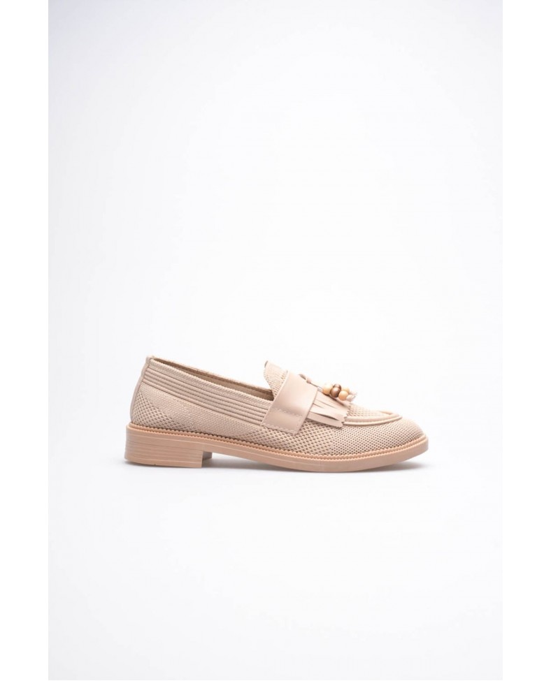 Kadın Bej Boncuk Püsküllü Günlük Kısa Topuklu Ayakkabı TR30MS01B