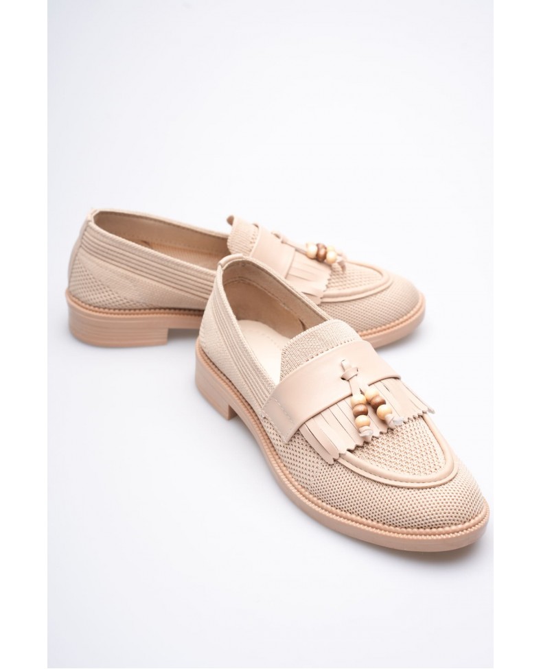 Kadın Bej Boncuk Püsküllü Günlük Kısa Topuklu Ayakkabı TR30MS01B