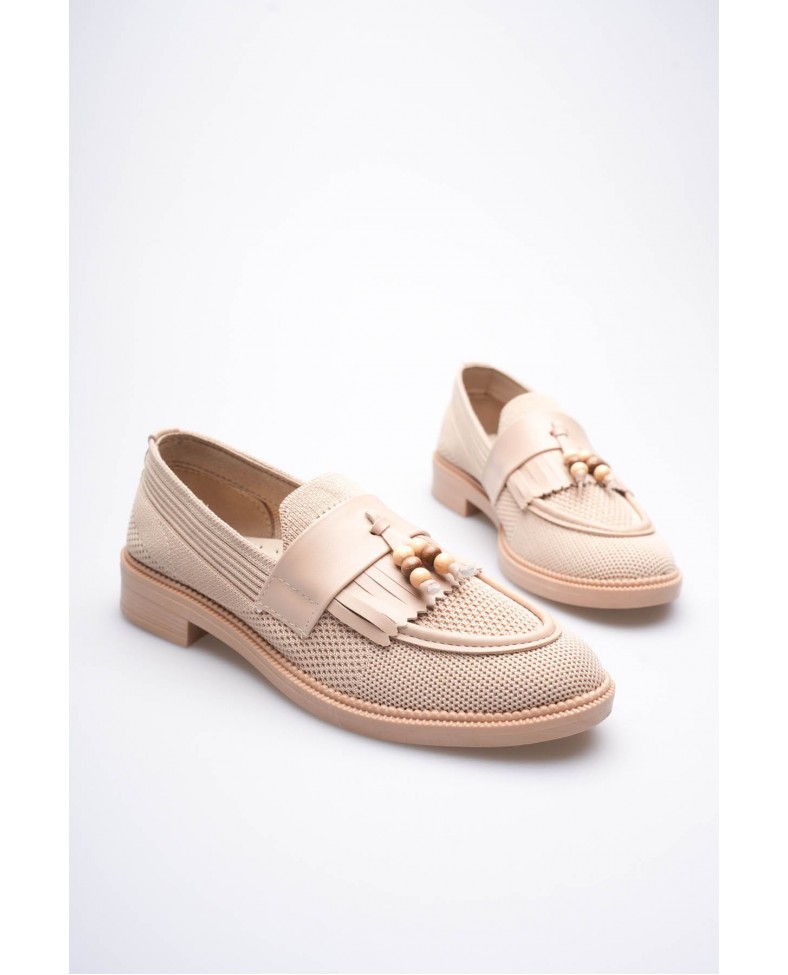Kadın Bej Boncuk Püsküllü Günlük Kısa Topuklu Ayakkabı TR30MS01B