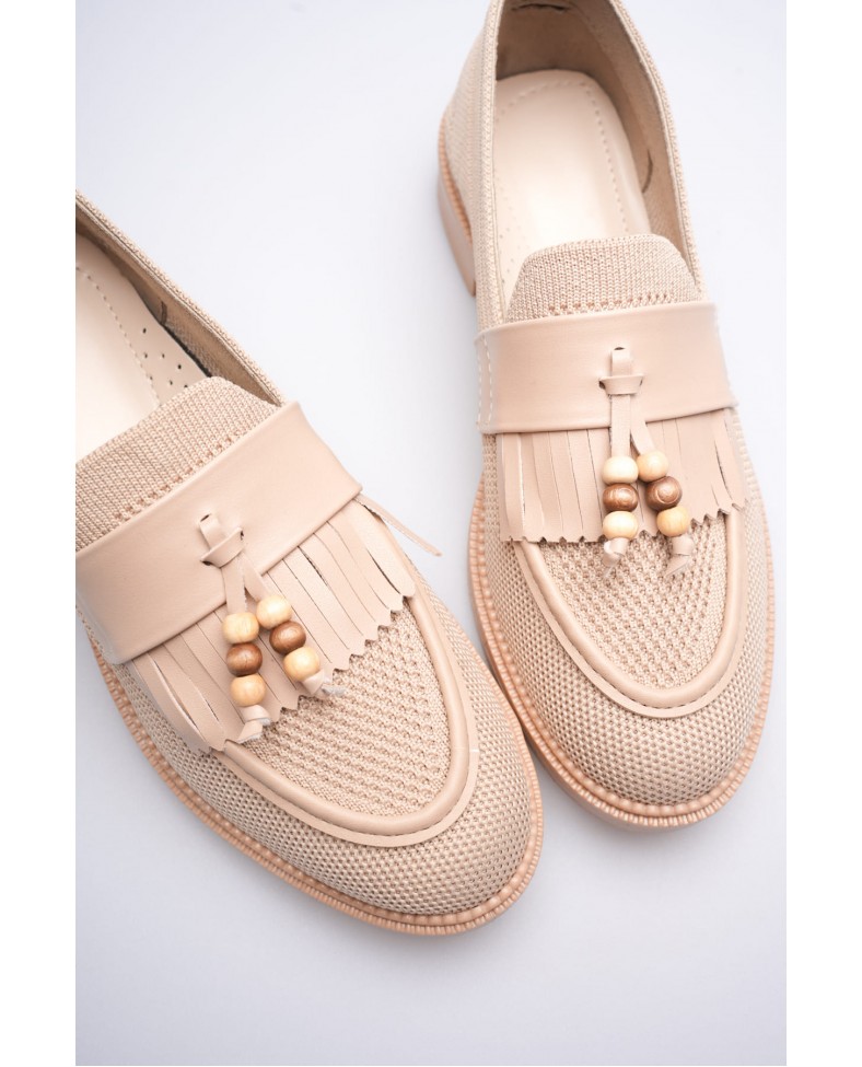 Kadın Bej Boncuk Püsküllü Günlük Kısa Topuklu Ayakkabı TR30MS01B