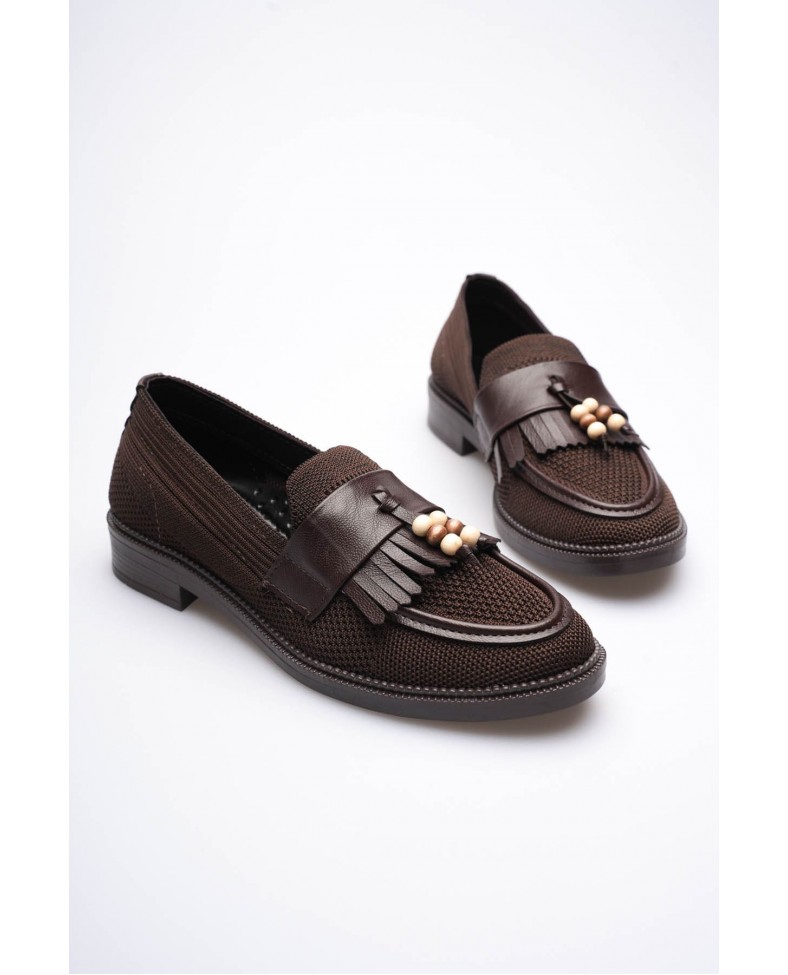 Kadın Acı Kahve Boncuk Püsküllü Günlük Kısa Topuklu Ayakkabı TR30MS01C