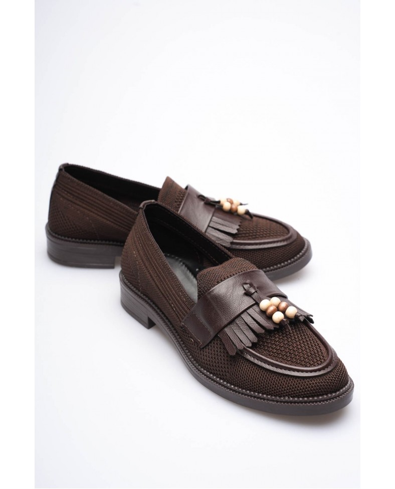 Kadın Acı Kahve Boncuk Püsküllü Günlük Kısa Topuklu Ayakkabı TR30MS01C