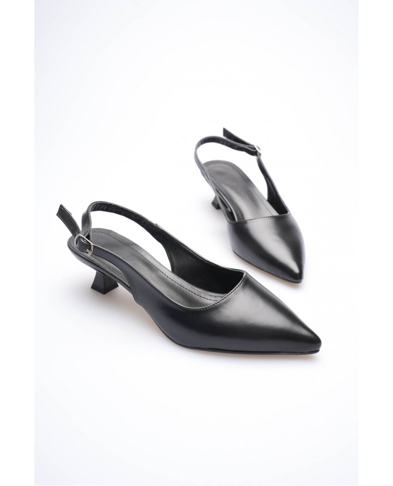 Kadın Siyah Sivri Burun Slingback Kısa Topuklu Ayakkabı TR20MS04A