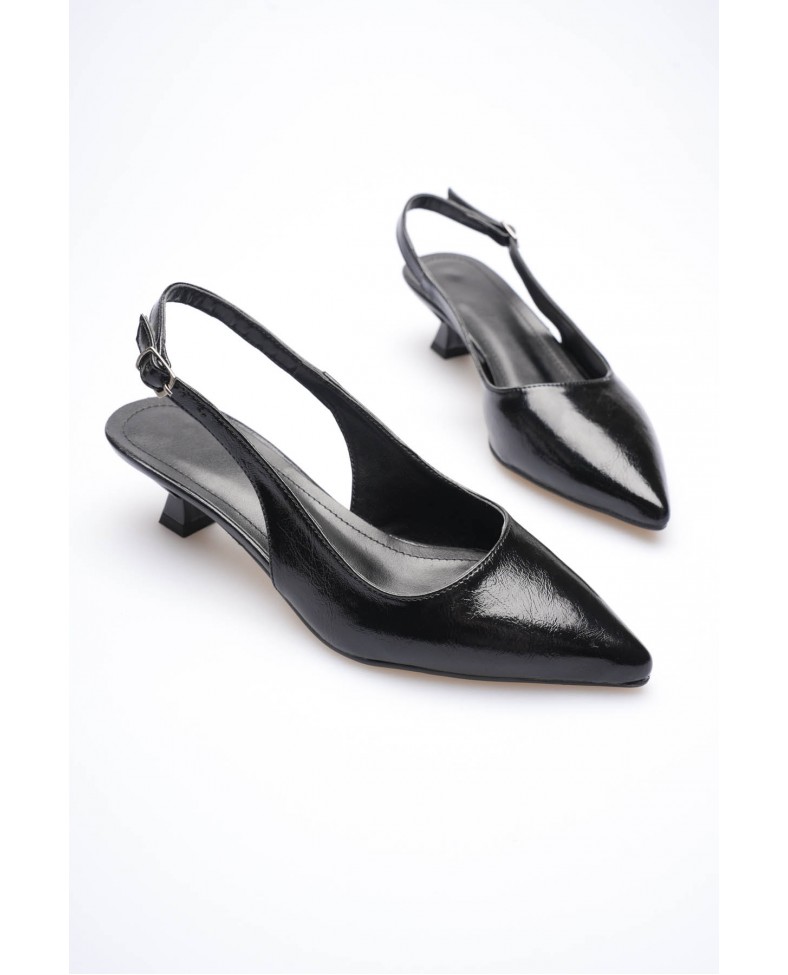 Kadın Siyah Kırışık Rugan Sivri Burun Slingback Kısa Topuklu Ayakkabı TR20MS04C