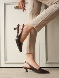 Kadın Acı Kahve Kırışık Rugan Sivri Burun Slingback Kısa Topuklu Ayakkabı TR20MS04D