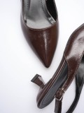 Kadın Acı Kahve Kırışık Rugan Sivri Burun Slingback Kısa Topuklu Ayakkabı TR20MS04D