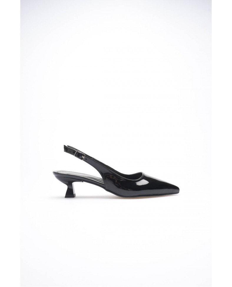 Kadın Siyah Rugan Sivri Burun Slingback Kısa Topuklu Ayakkabı TR20MS04E