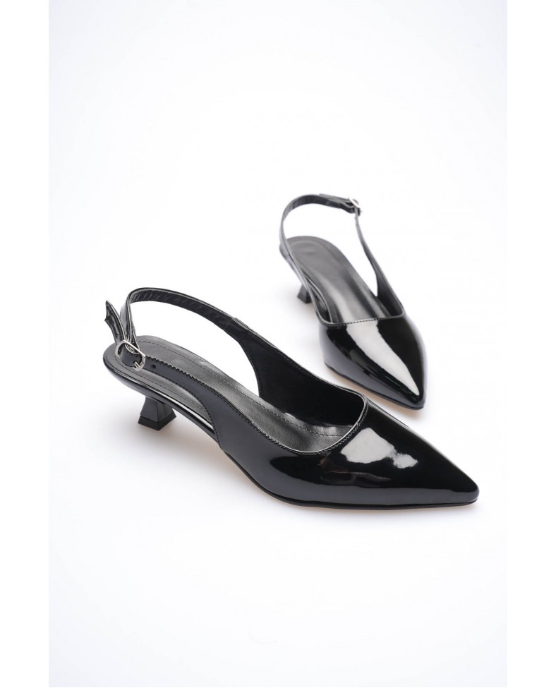 Kadın Siyah Rugan Sivri Burun Slingback Kısa Topuklu Ayakkabı TR20MS04E