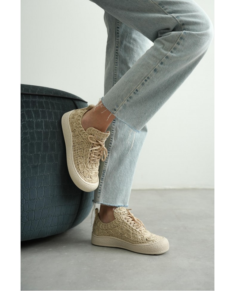 Kadın Bej Örgü Detaylı Günlük Sneaker Rahat ve Hafif Spor Ayakkabı TR01MY01C