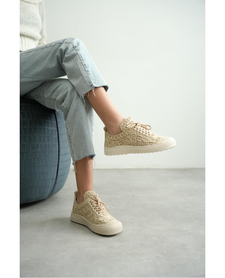 Kadın Bej Örgü Detaylı Günlük Sneaker Rahat ve Hafif Spor Ayakkabı TR01MY01C