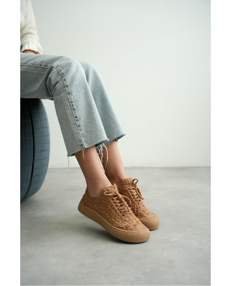 Kadın Taba Örgü Detaylı Günlük Sneaker Rahat ve Hafif Spor Ayakkabı TR01MY01D