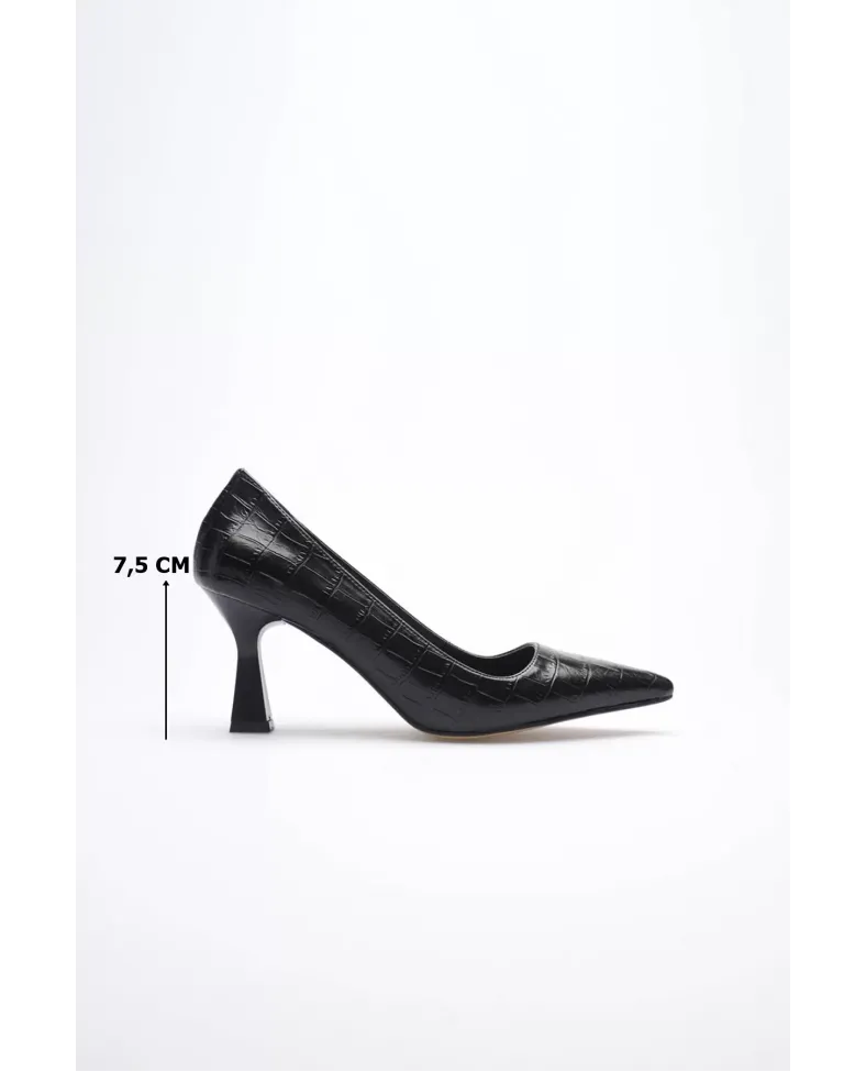 Siyah Kroko Sivri Burun Orta Topuklu Kadın Stiletto TR20MS02F