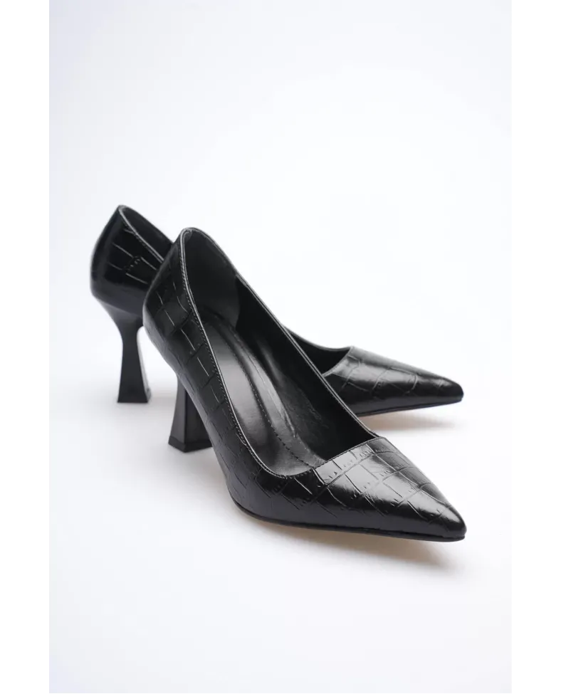 Siyah Kroko Sivri Burun Orta Topuklu Kadın Stiletto TR20MS02F