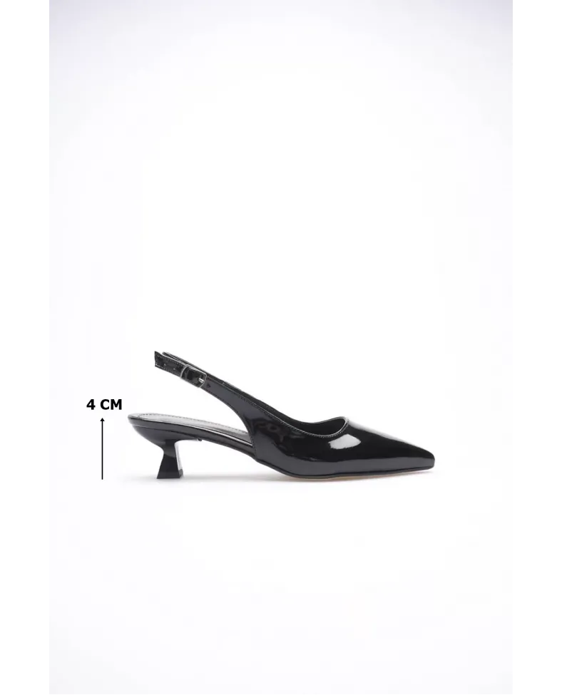 Kadın Siyah Rugan Sivri Burun Slingback Kısa Topuklu Ayakkabı TR20MS04E