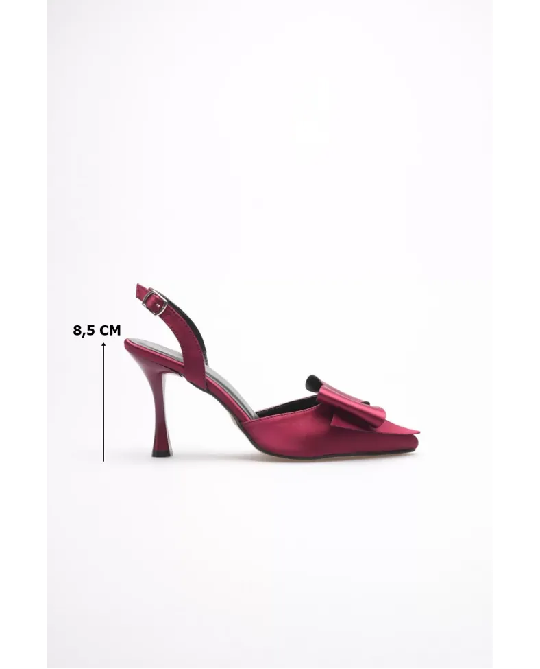 Kadın Bordo Fiyonklu Saten Slingback Topuklu Ayakkabı TR40MS01D