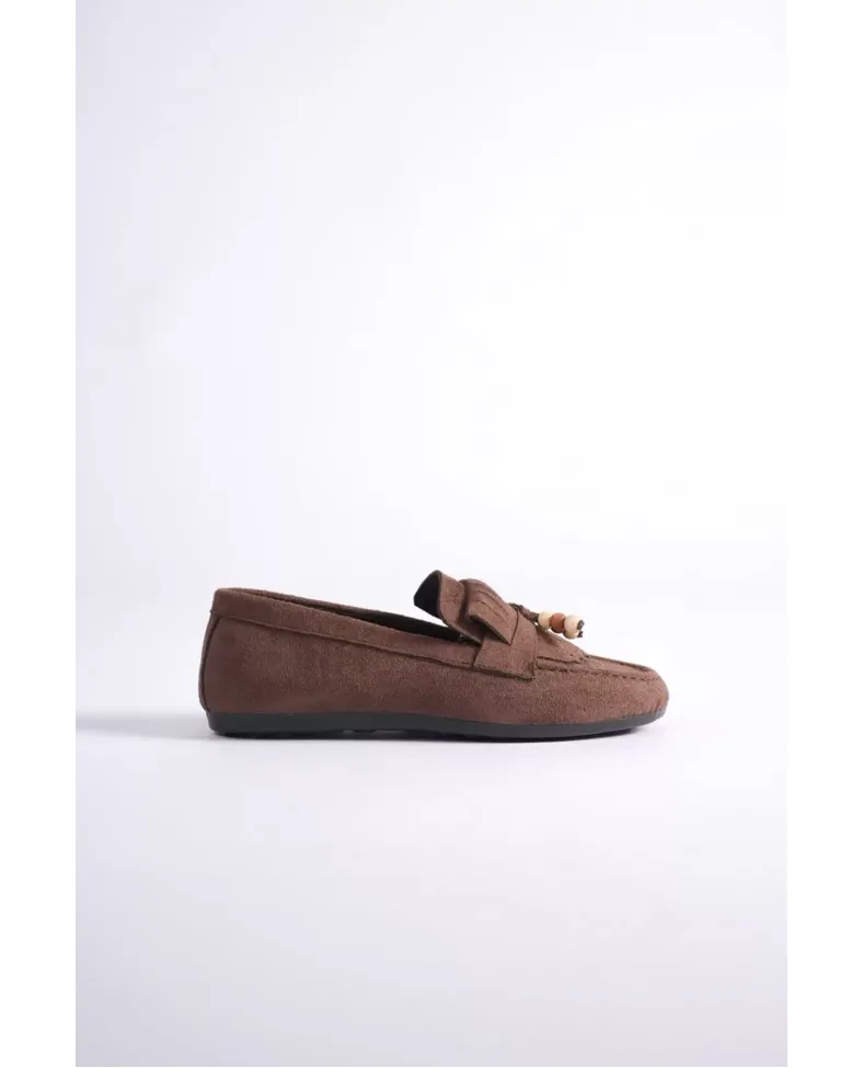 Kadın Acı Kahve Süet Boncuk Detaylı Püsküllü Loafer Ayakkabı Rahat Günlük TR19MS03C