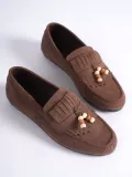 Kadın Acı Kahve Süet Boncuk Detaylı Püsküllü Loafer Ayakkabı Rahat Günlük TR19MS03C