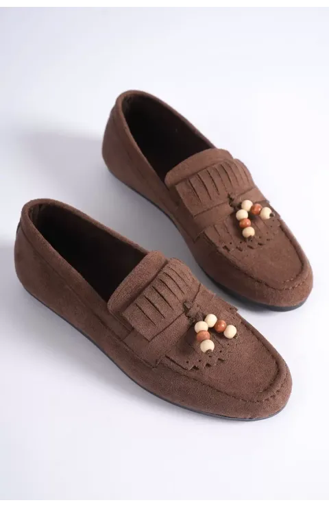Kadın Acı Kahve Süet Boncuk Detaylı Püsküllü Loafer Ayakkabı Rahat Günlük TR19MS03C