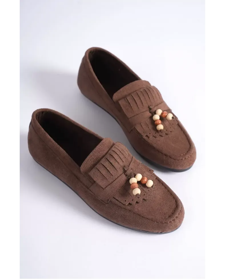 Kadın Acı Kahve Süet Boncuk Detaylı Püsküllü Loafer Ayakkabı Rahat Günlük TR19MS03C