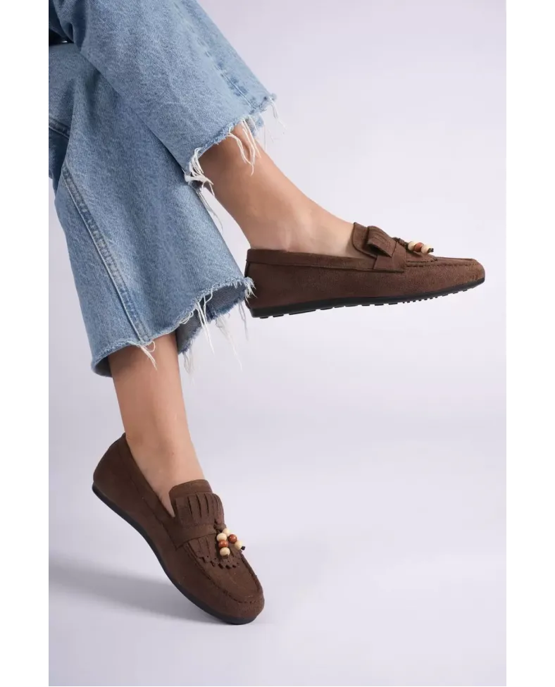 Kadın Acı Kahve Süet Boncuk Detaylı Püsküllü Loafer Ayakkabı Rahat Günlük TR19MS03C