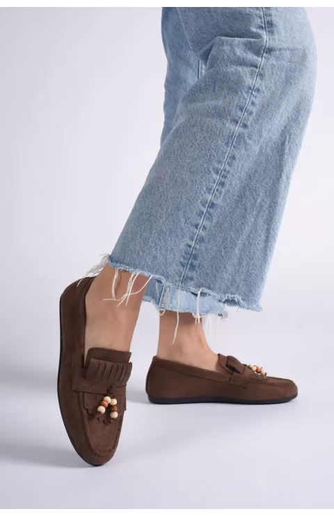 Kadın Acı Kahve Süet Boncuk Detaylı Püsküllü Loafer Ayakkabı Rahat Günlük TR19MS03C