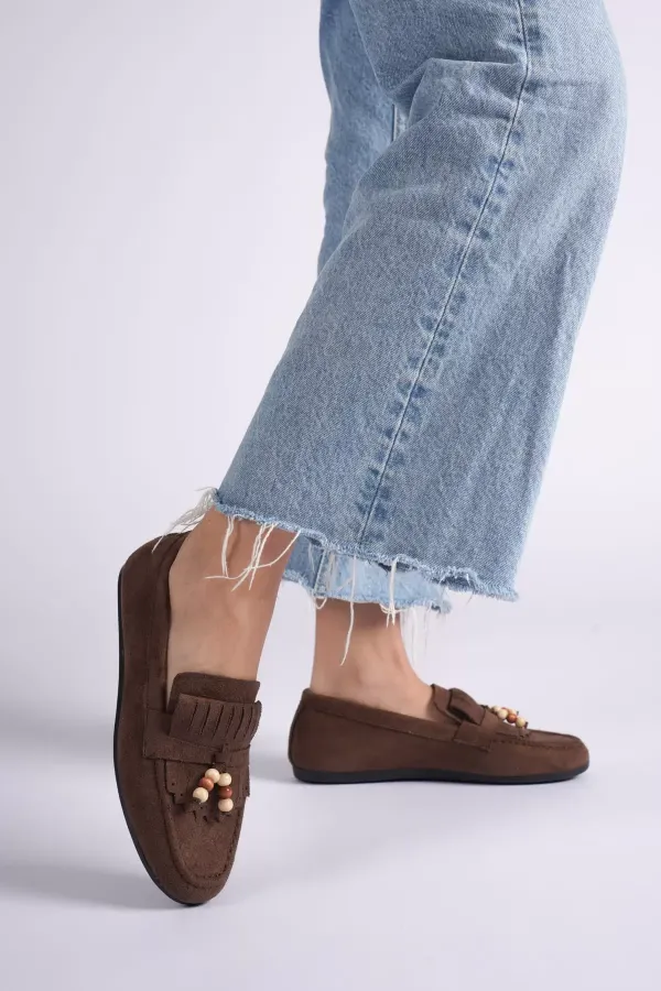 Kadın Acı Kahve Süet Boncuk Detaylı Püsküllü Loafer Ayakkabı Rahat Günlük TR19MS03C