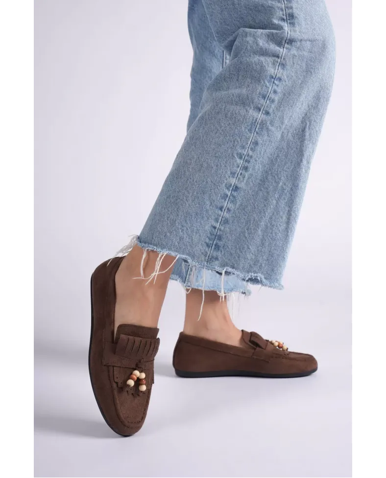 Kadın Acı Kahve Süet Boncuk Detaylı Püsküllü Loafer Ayakkabı Rahat Günlük TR19MS03C