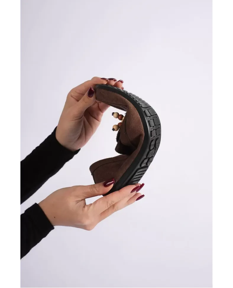 Kadın Acı Kahve Süet Boncuk Detaylı Püsküllü Loafer Ayakkabı Rahat Günlük TR19MS03C