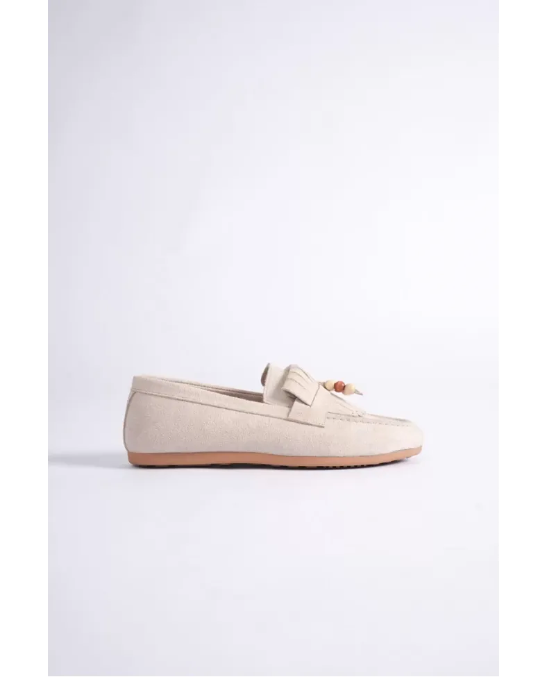 Kadın Bej Süet Boncuk Detaylı Püsküllü Loafer Ayakkabı Rahat Günlük TR19MS03B