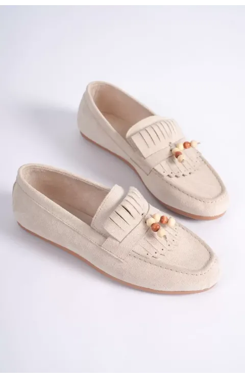 Kadın Bej Süet Boncuk Detaylı Püsküllü Loafer Ayakkabı Rahat Günlük TR19MS03B