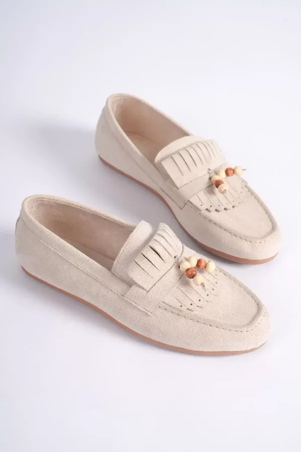 Kadın Bej Süet Boncuk Detaylı Püsküllü Loafer Ayakkabı Rahat Günlük TR19MS03B