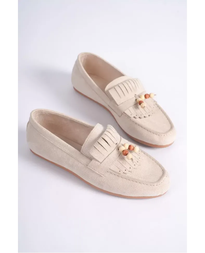 Kadın Bej Süet Boncuk Detaylı Püsküllü Loafer Ayakkabı Rahat Günlük TR19MS03B