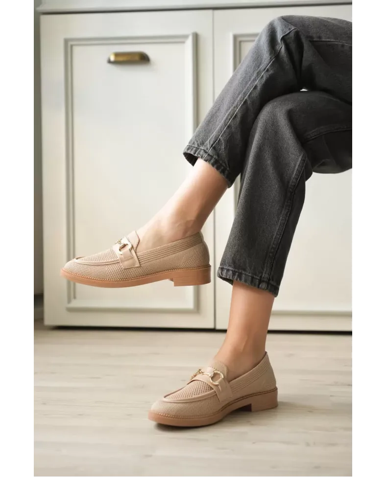Bej Kadın Loafer Metal Tokalı Rahat Günlük Ayakkabı TR30MS02B