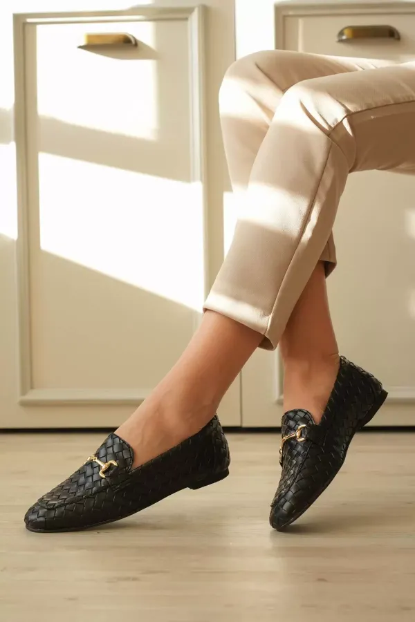 Kadın Siyah Örgü Dokulu Metal Tokalı Loafer Rahat Günlük Ayakkabı TR23MS09A