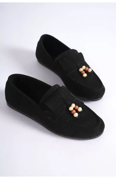 Kadın Siyah Süet Boncuk Detaylı Püsküllü Loafer Ayakkabı Rahat Günlük TR19MS03A