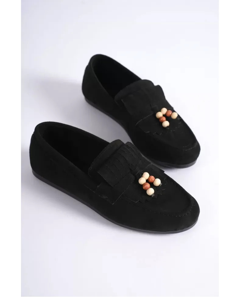 Kadın Siyah Süet Boncuk Detaylı Püsküllü Loafer Ayakkabı Rahat Günlük TR19MS03A
